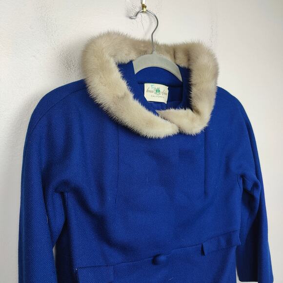 Vintage Hockanum Petit-Point Jacket Womens 6 Royal Blue Mink Collar Jack Bloom - Picture 2 of 10